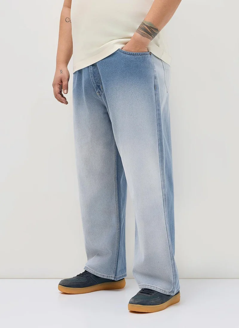 أوربانو فاشن Urbano Plus Men's Light Blue Loose Baggy Fit Heavy Washed Faded Denim Jeans Non-Stretchable